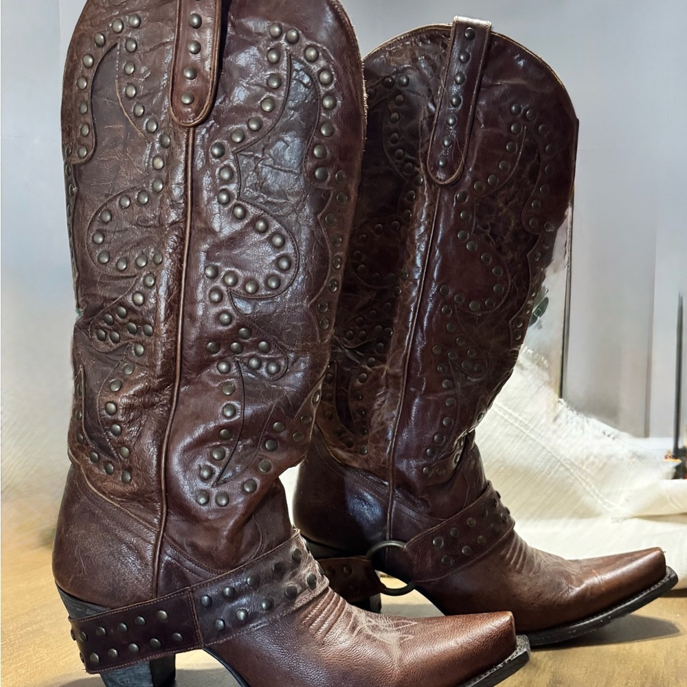 Studded Brown Leather Cowboy Boots